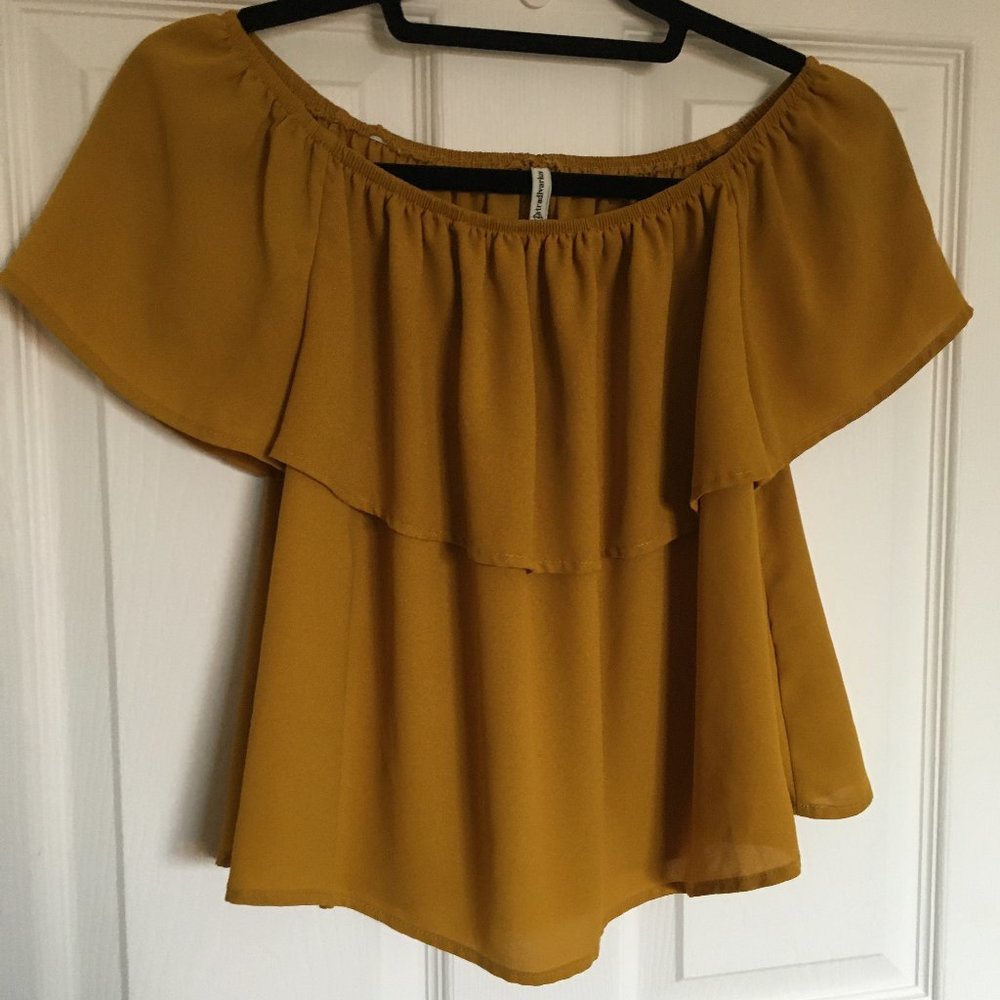 Mustard yellow off the shoulder ruffle top
